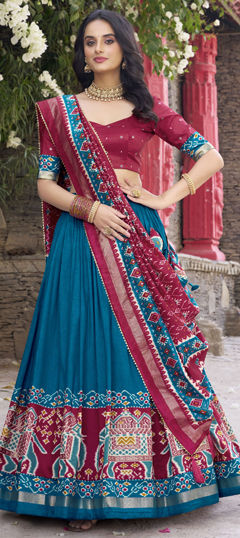 Blue color Lehenga in Tussar Silk fabric with Foil Print, Printed work