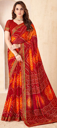 Orange, Red and Maroon color Saree in Chiffon fabric with Bandhej, Lace, Printed work