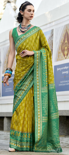 Green color Saree in Silk fabric with Weaving work