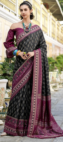 Black and Grey color Saree in Silk fabric with Weaving work