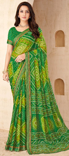 Green color Saree in Chiffon fabric with Bandhej, Lace, Printed work