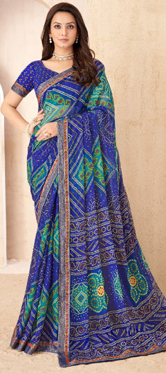 Blue color Saree in Chiffon fabric with Bandhej, Lace, Printed work