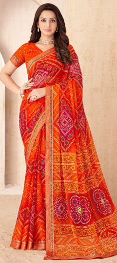 Orange, Pink and Majenta color Saree in Chiffon fabric with Bandhej, Lace, Printed work