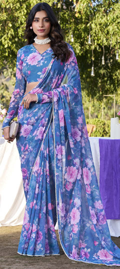 Blue color Saree in Faux Georgette fabric with Floral, Lace, Printed work