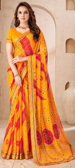 Yellow color Saree in Chiffon fabric with Bandhej, Lace, Printed work