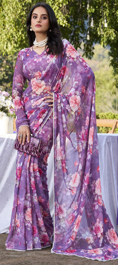 Purple and Violet color Saree in Faux Georgette fabric with Floral, Lace, Printed work