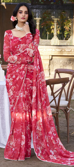 Red and Maroon color Saree in Faux Georgette fabric with Floral, Lace, Printed work