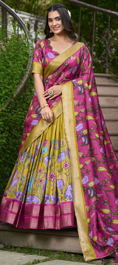 Yellow color Lehenga in Art Silk fabric with Printed, Weaving, Zari work