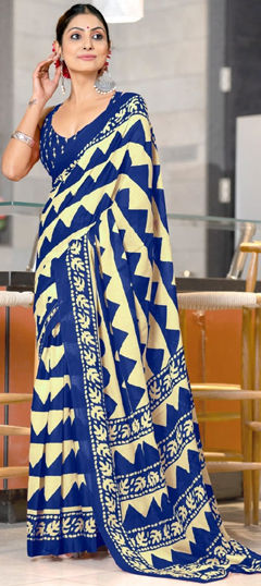 Beige and Brown, Blue color Saree in Cotton fabric with Printed work