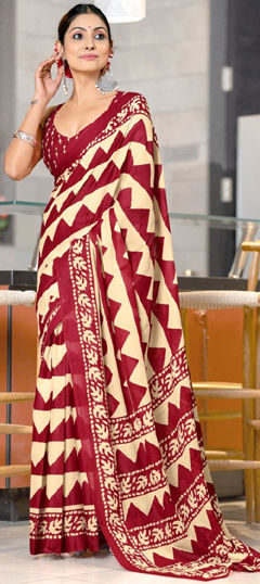 Beige and Brown, Red and Maroon color Saree in Cotton fabric with Printed work