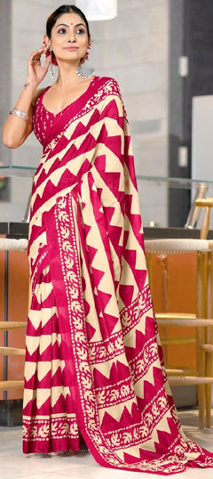 Beige and Brown, Pink and Majenta color Saree in Cotton fabric with Printed work