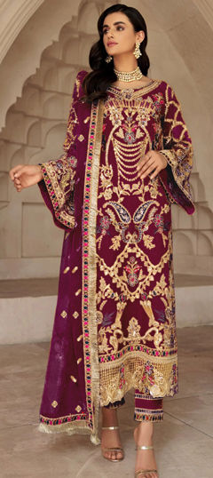 Red and Maroon color Salwar Kameez in Georgette fabric with Embroidered, Sequence, Stone, Thread work