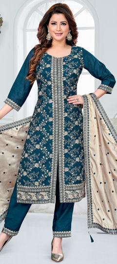 Blue color Salwar Kameez in Silk fabric with Embroidered, Thread, Zari work