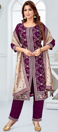 Purple and Violet color Salwar Kameez in Silk fabric with Embroidered, Thread, Zari work
