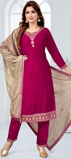 Pink and Majenta color Salwar Kameez in Silk fabric with Embroidered, Sequence, Thread, Zari work