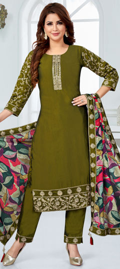 Green color Salwar Kameez in Silk fabric with Embroidered, Thread, Zari work