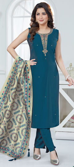 Blue color Salwar Kameez in Silk fabric with Embroidered, Thread, Zari work