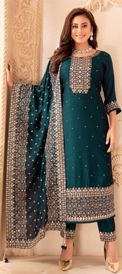 Blue color Salwar Kameez in Silk fabric with Embroidered, Sequence, Thread, Zari work