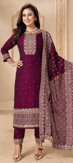 Pink and Majenta color Salwar Kameez in Silk fabric with Embroidered, Sequence, Thread, Zari work