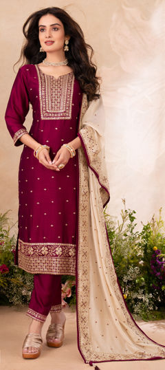 Pink and Majenta color Salwar Kameez in Silk fabric with Embroidered, Sequence, Thread, Zari work