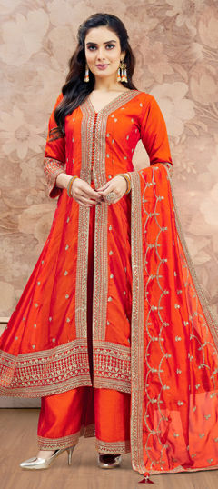 Orange color Salwar Kameez in Silk fabric with Embroidered, Sequence, Thread, Zari work