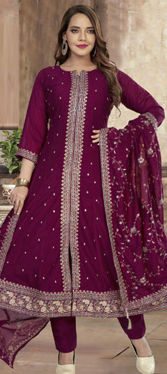 Red and Maroon color Salwar Kameez in Silk fabric with Embroidered, Resham, Sequence, Thread, Zari work