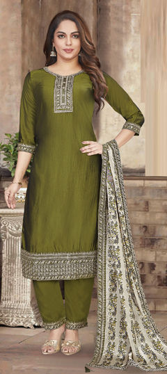 Green color Salwar Kameez in Silk fabric with Embroidered, Sequence, Thread, Zari work