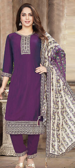 Purple and Violet color Salwar Kameez in Silk fabric with Embroidered, Sequence, Thread, Zari work