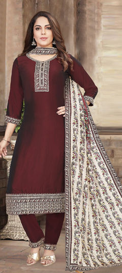 Red and Maroon color Salwar Kameez in Silk fabric with Embroidered, Sequence, Thread, Zari work