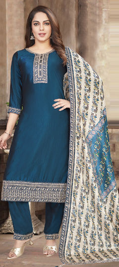 Blue color Salwar Kameez in Silk fabric with Embroidered, Sequence, Thread, Zari work