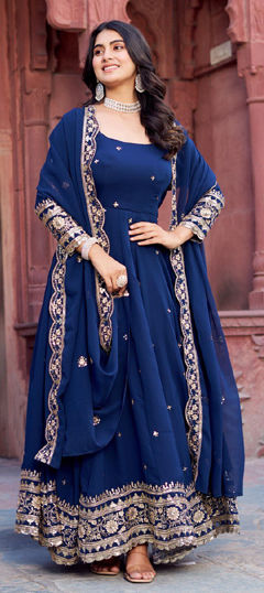 Blue color Salwar Kameez in Faux Georgette fabric with Embroidered, Sequence, Thread, Zari work