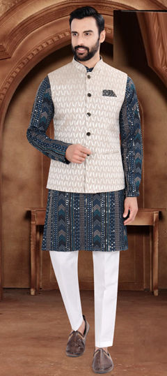 Blue color Kurta Pyjama with Jacket in Jacquard fabric with Embroidered, Sequence, Thread work