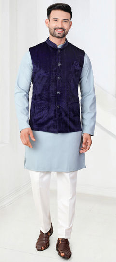Blue color Kurta Pyjama with Jacket in Rayon fabric with Thread work