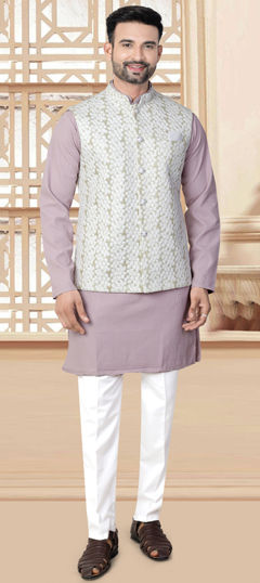 Pink and Majenta color Kurta Pyjama with Jacket in Rayon fabric with Embroidered, Resham, Thread work
