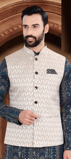 Beige and Brown color Nehru Jacket in Jacquard fabric with Weaving work