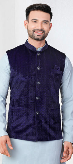 Blue color Nehru Jacket in Velvet fabric with Thread work