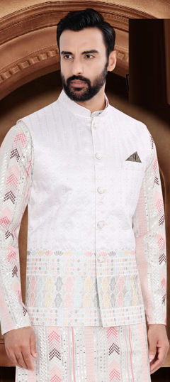 White and Off White color Nehru Jacket in Jacquard fabric with Weaving work