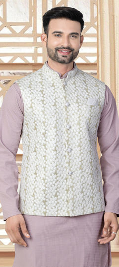 White and Off White color Nehru Jacket in Jacquard fabric with Embroidered, Resham, Thread work