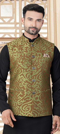 Green color Nehru Jacket in Jacquard fabric with Weaving work