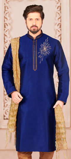 Blue color Kurta in Dupion Silk fabric with Embroidered work