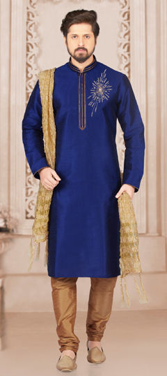 Blue color Kurta Pyjamas in Dupion Silk fabric with Embroidered, Thread work