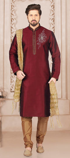 Red and Maroon color Kurta Pyjamas in Dupion Silk fabric with Embroidered, Thread work