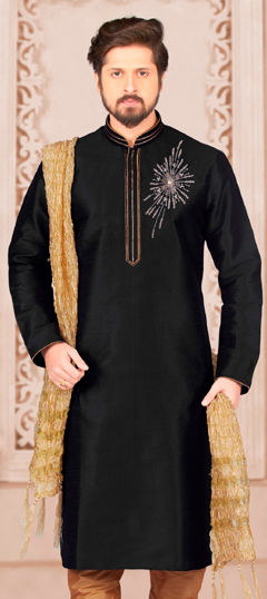 Black and Grey color Kurta in Dupion Silk fabric with Embroidered work