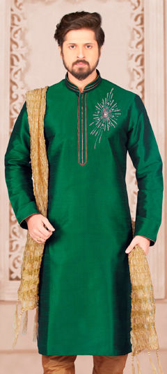 Green color Kurta in Dupion Silk fabric with Embroidered work
