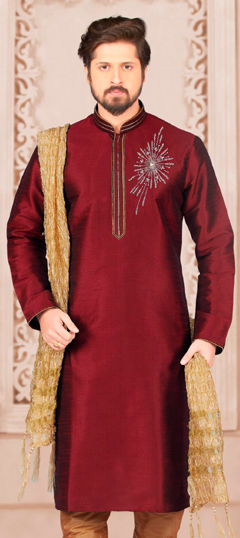 Red and Maroon color Kurta in Dupion Silk fabric with Embroidered work