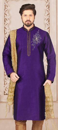 Purple and Violet color Kurta in Dupion Silk fabric with Embroidered work