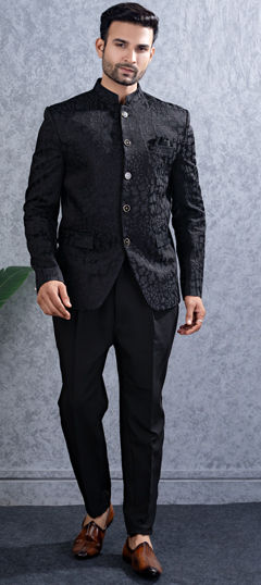 Black and Grey color Jodhpuri Suit in Viscose fabric with Embroidered, Thread work