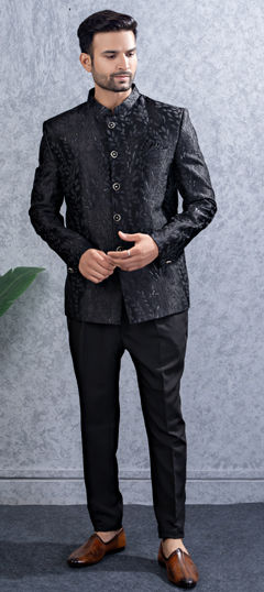Black and Grey color Jodhpuri Suit in Viscose fabric with Embroidered, Thread work