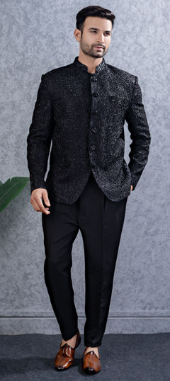 Black and Grey color Jodhpuri Suit in Viscose fabric with Embroidered, Thread work