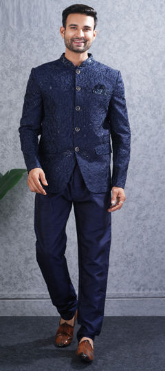 Blue color Jodhpuri Suit in Viscose fabric with Embroidered, Thread work